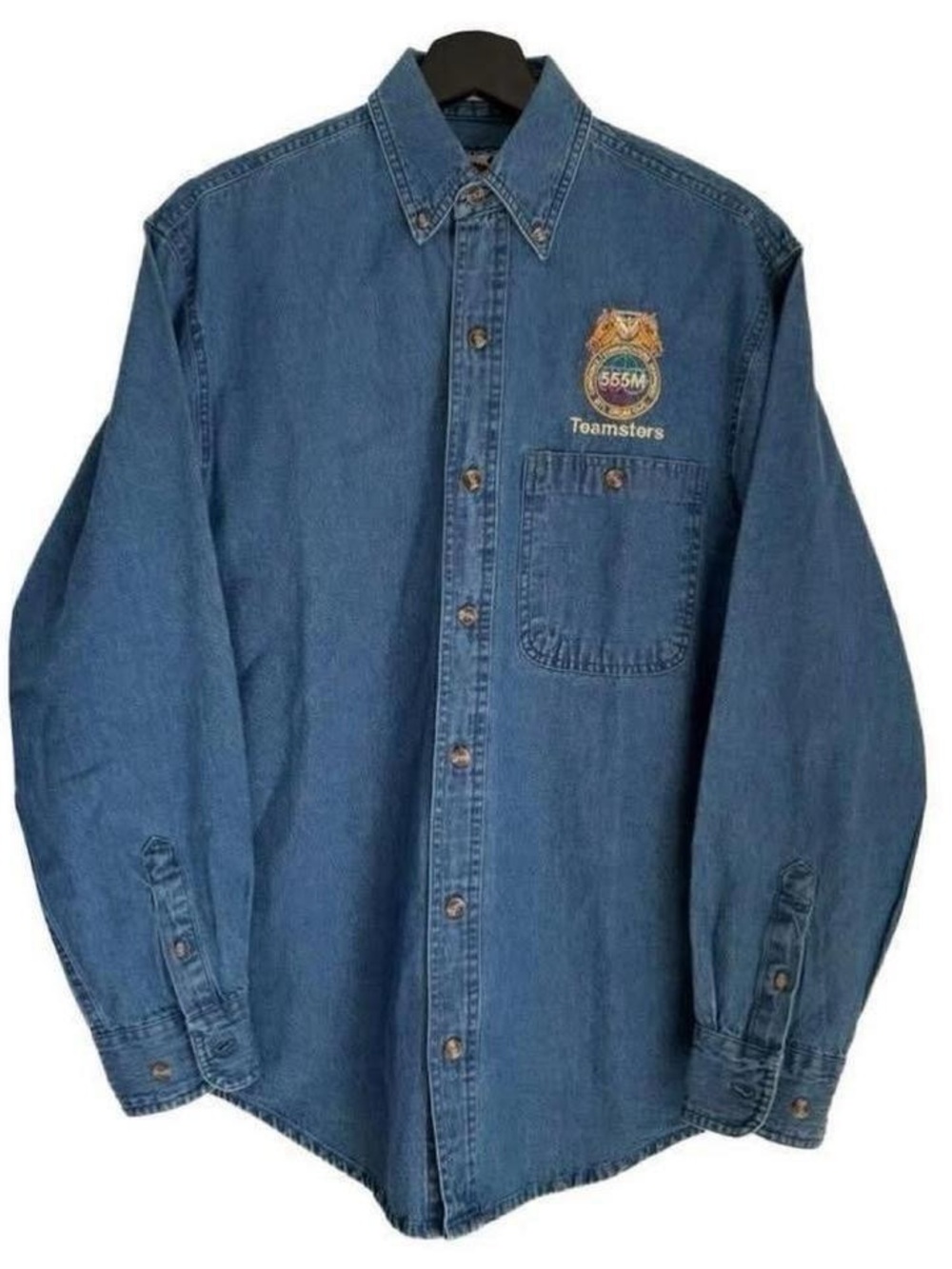 Vintage Blue Denim Button-Down Shirt Shacket with Horse Embroidery Patch 90s Y2K